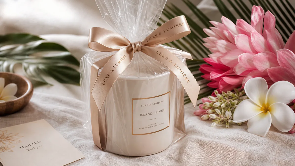 a beautifully wrapped luxury candle gift with tropical flowers and ribbon on…