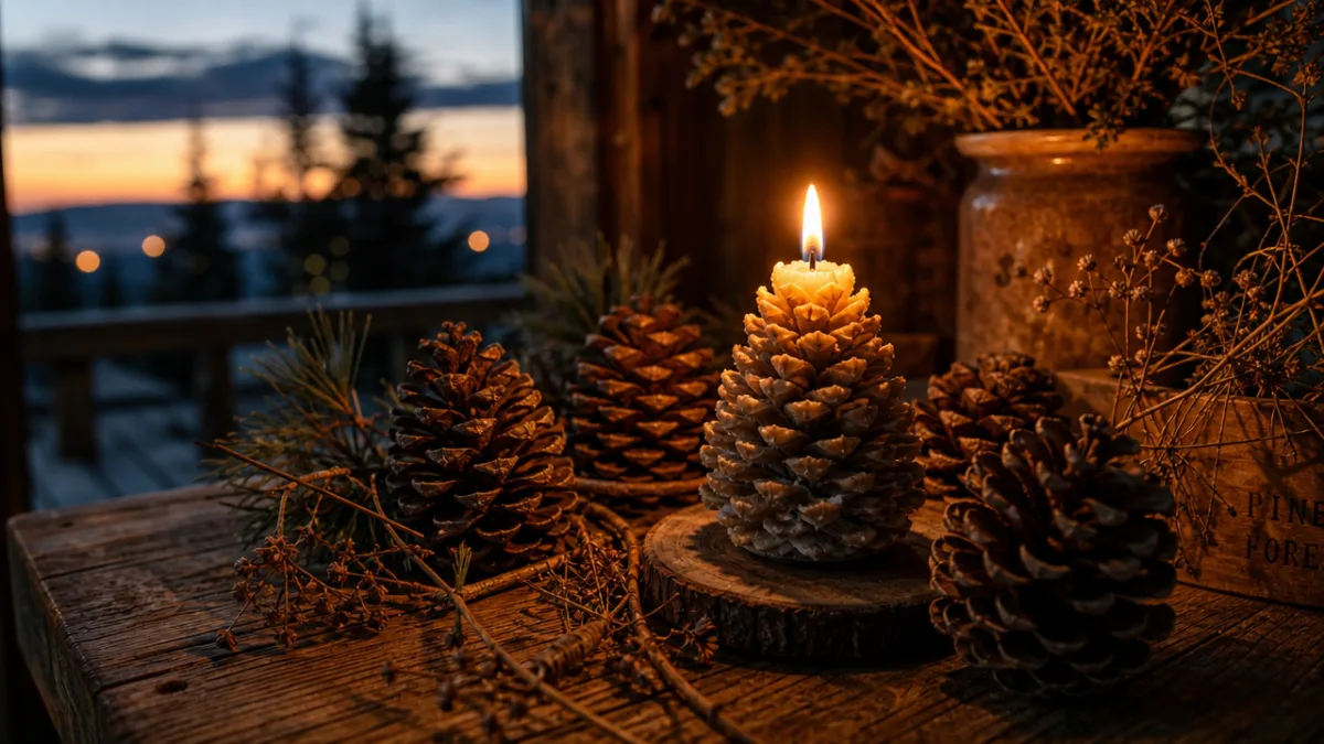 a rustic wooden table with a lit pine candle surrounded by pine…