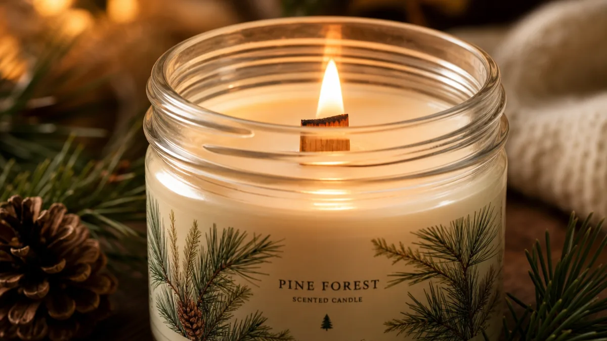 close-up of a wooden-wick candle burning inside a glass jar with pine…