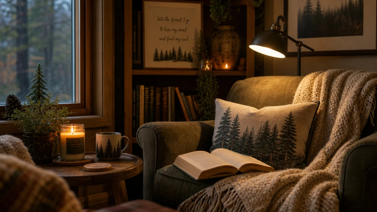 cozy reading nook with a lit candle on a side table, open…