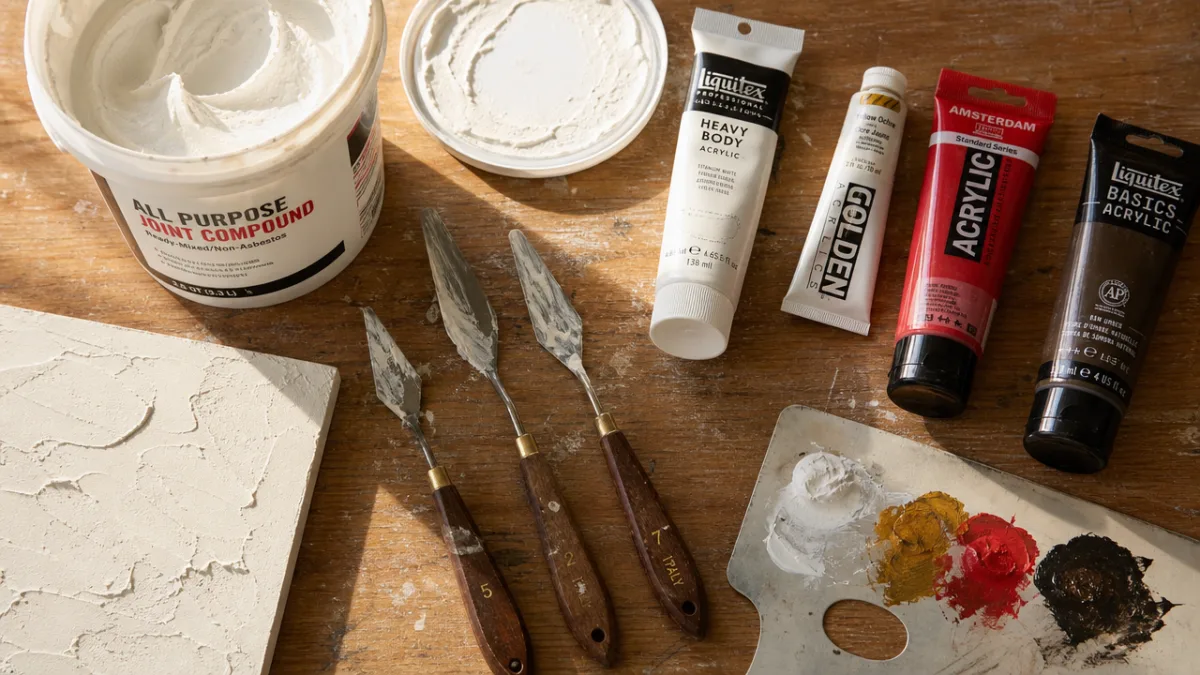 a flat lay of DIY art supplies including palette knives, joint compound,…