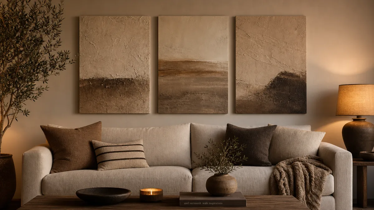 a styled living room wall featuring three large textured canvas artworks in…