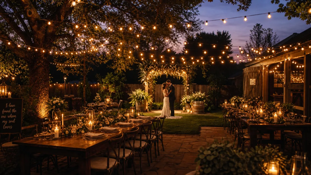 a romantic backyard wedding at twilight with glowing string lights canopied above…