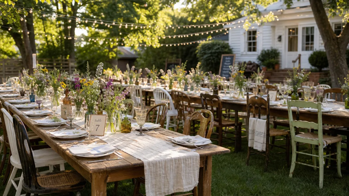 a sunlit backyard wedding reception with long farmhouse tables, linen runners, wildflower…