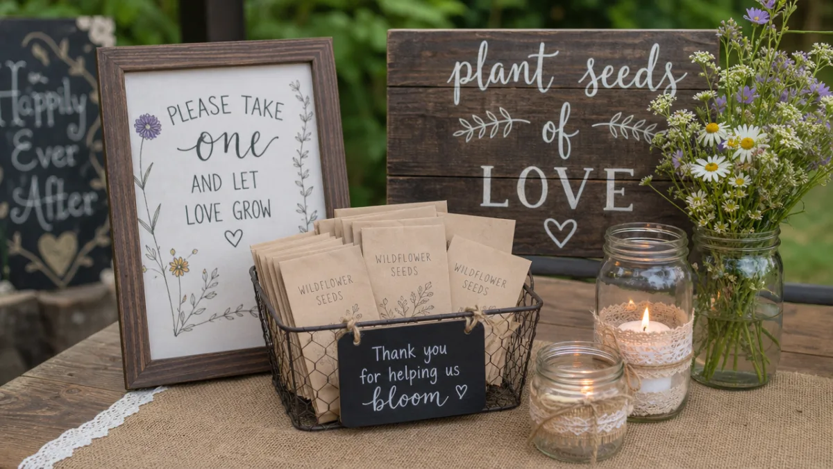 a close-up of a rustic backyard wedding detail table with handmade signs,…