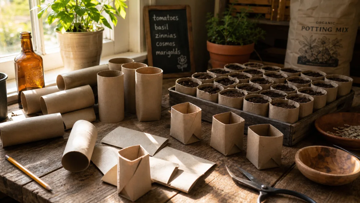 a rustic wooden table covered with toilet paper rolls being folded and…