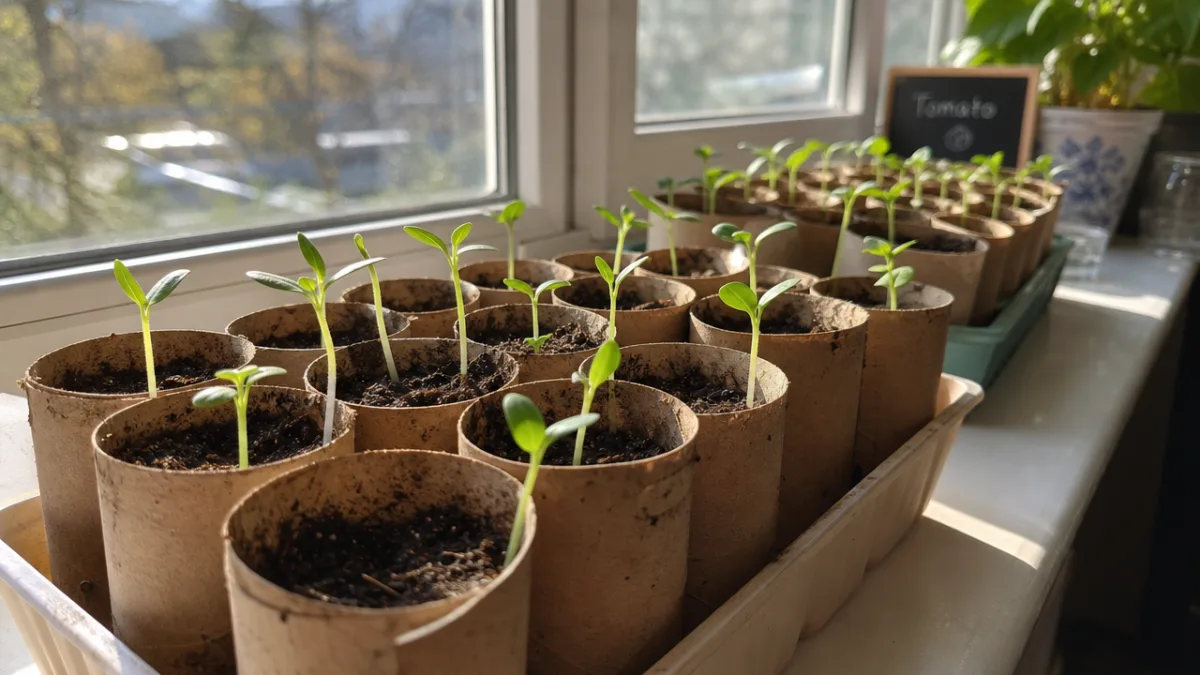 rows of toilet paper roll seed starters lined up in a sunny…