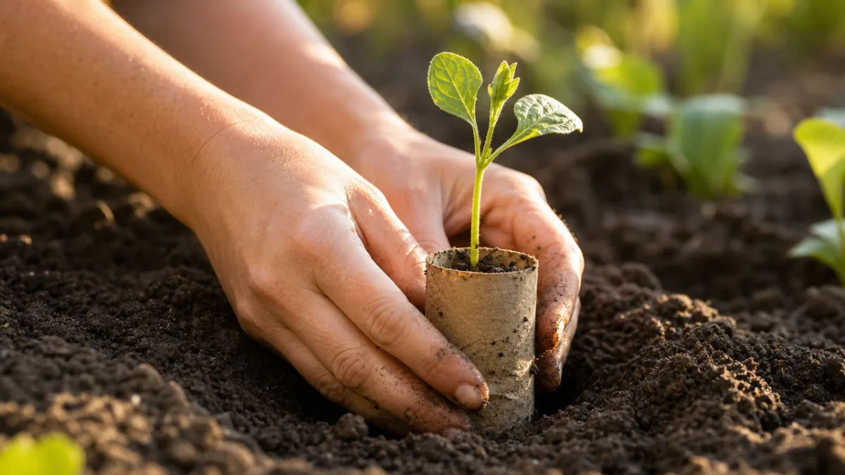 hands gently placing a toilet paper roll seedling starter into prepared garden…