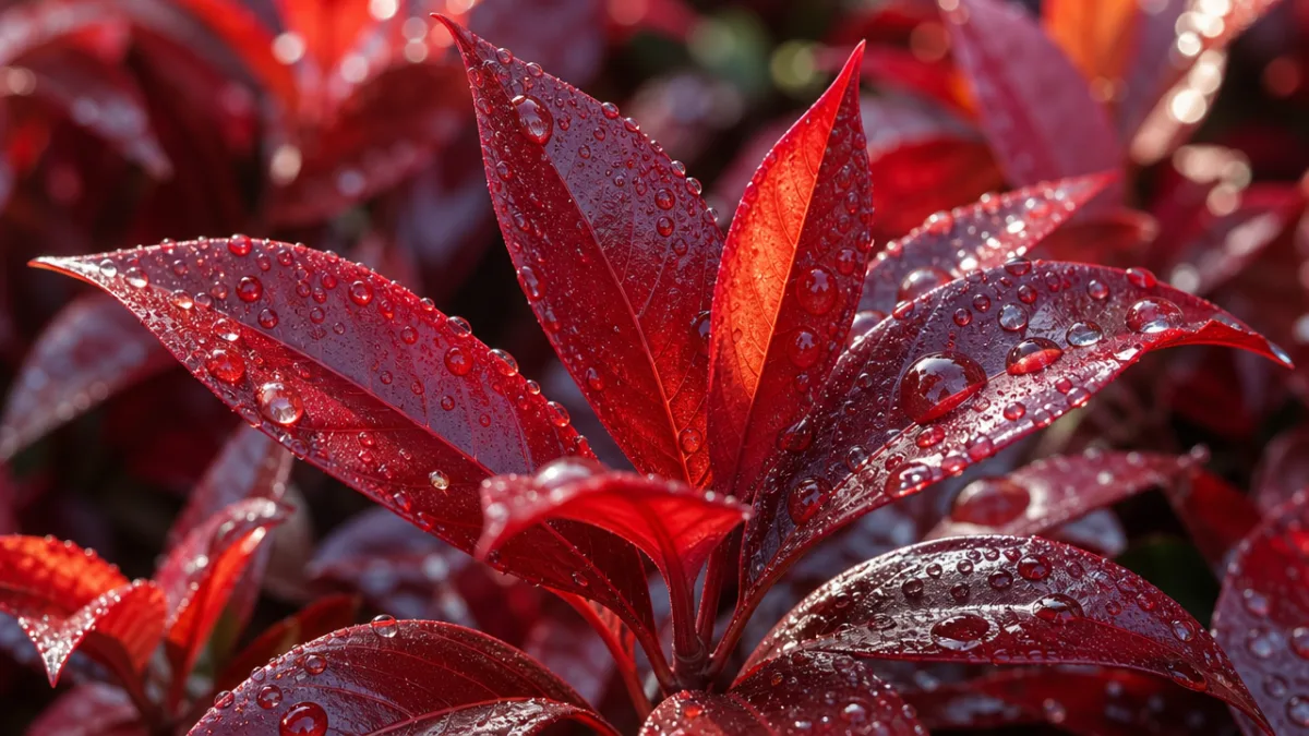 close-up of glossy deep red ornamental plant foliage glistening with morning dew…
