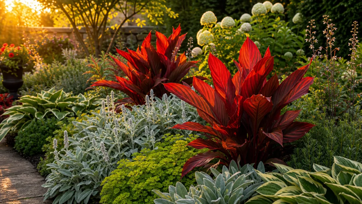 a lush garden bed featuring bold red specimen plants surrounded by contrasting…