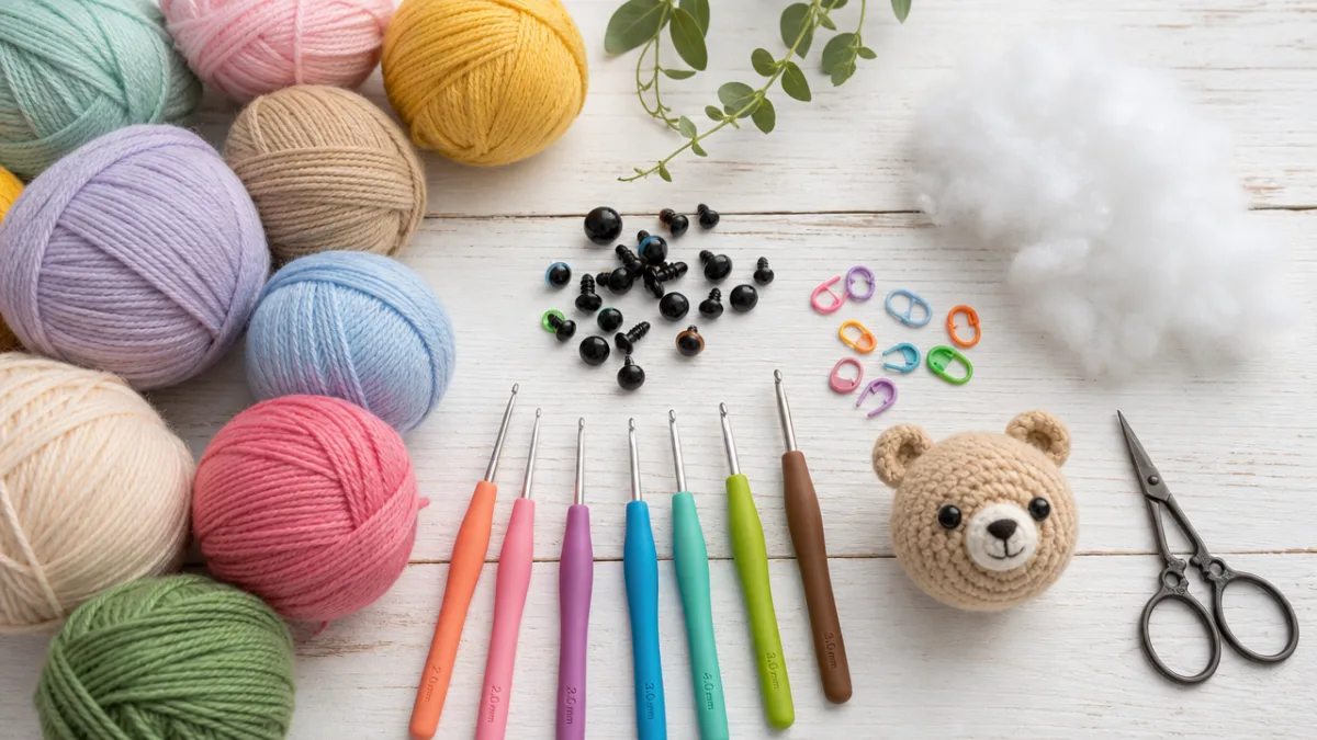 a flat lay of colorful yarn balls, crochet hooks, safety eyes, and…