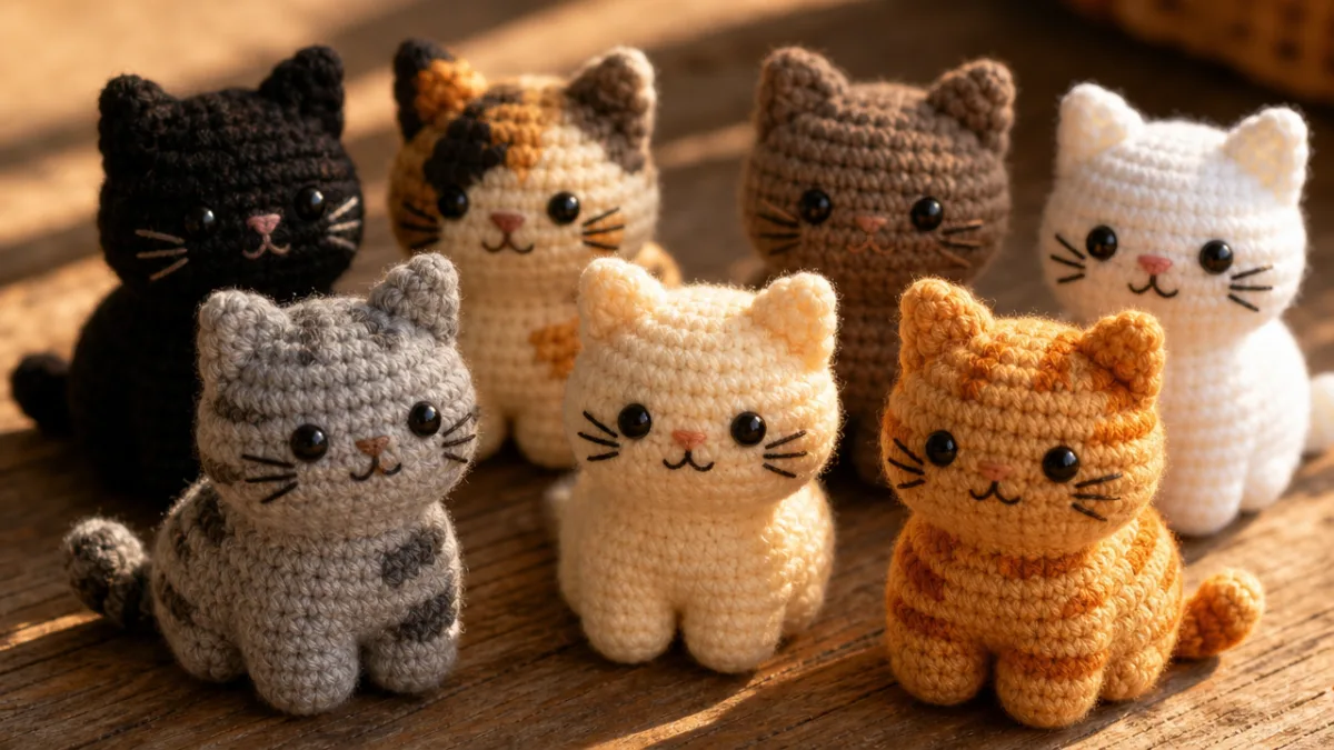 close-up of tiny crocheted cats in various colors arranged on a wooden…