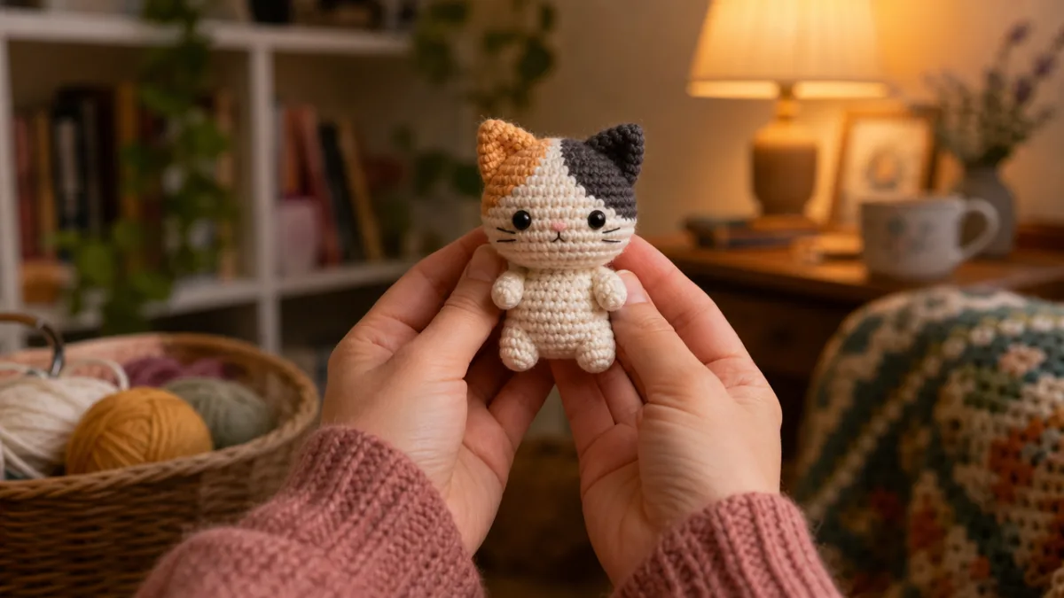 a crafter's hands holding a tiny finished crocheted cat, blurred cozy home…