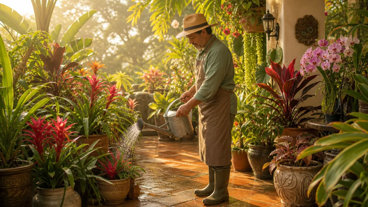 a gardener carefully watering exotic tropical potted plants on a sunlit patio,…