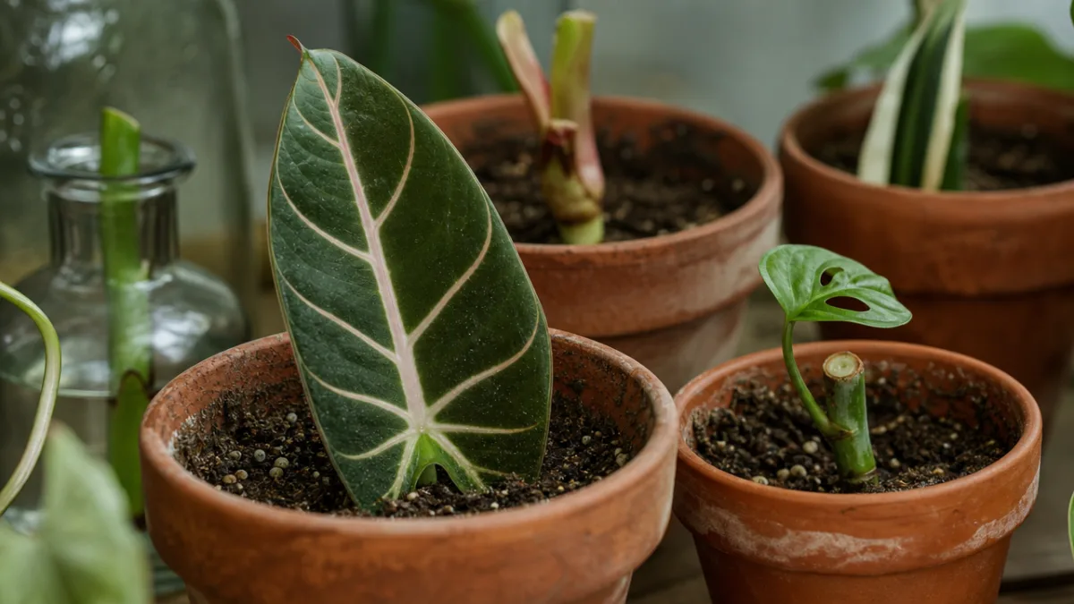 close-up of exotic plant cuttings being propagated in terracotta pots, soft diffused…