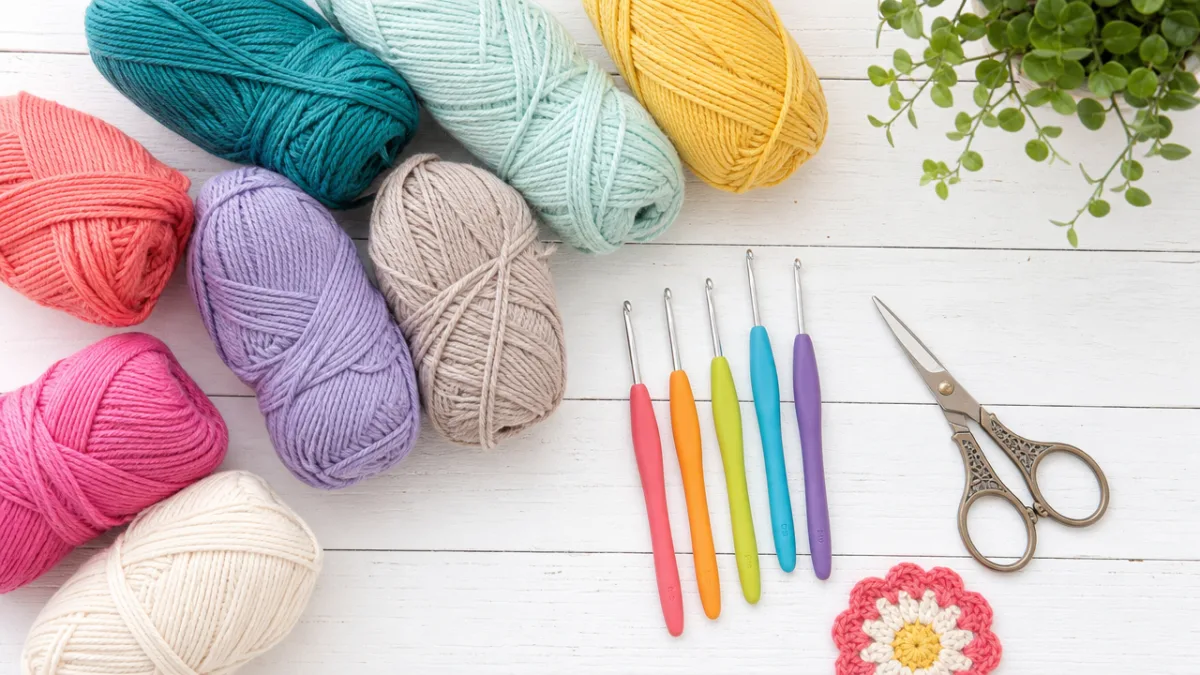 a flat lay of colorful cotton yarn skeins, crochet hooks, and scissors…
