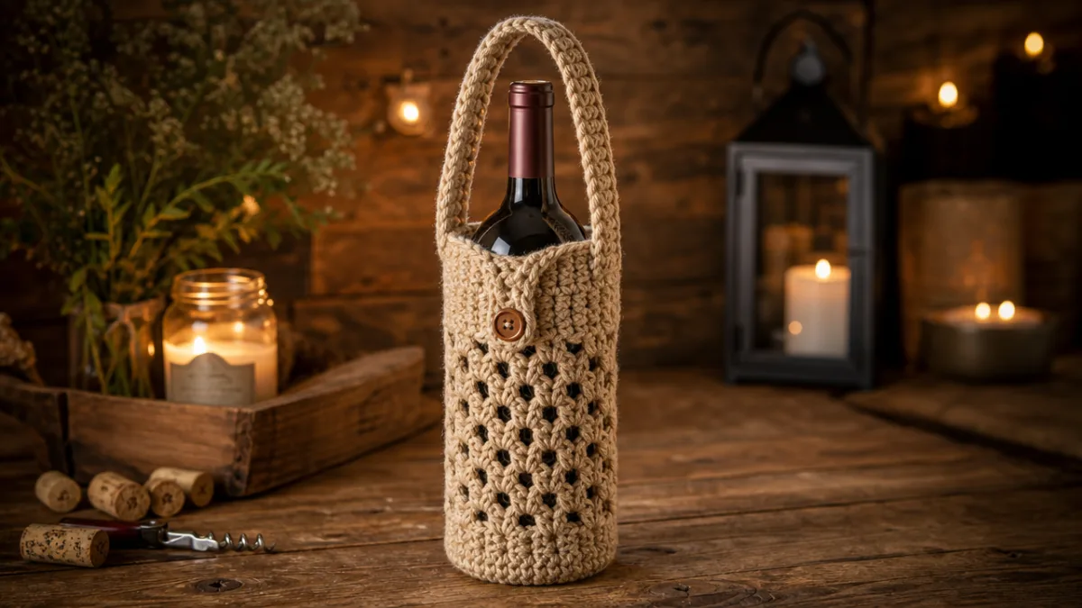 a finished crochet wine carrier holding a wine bottle on a rustic…