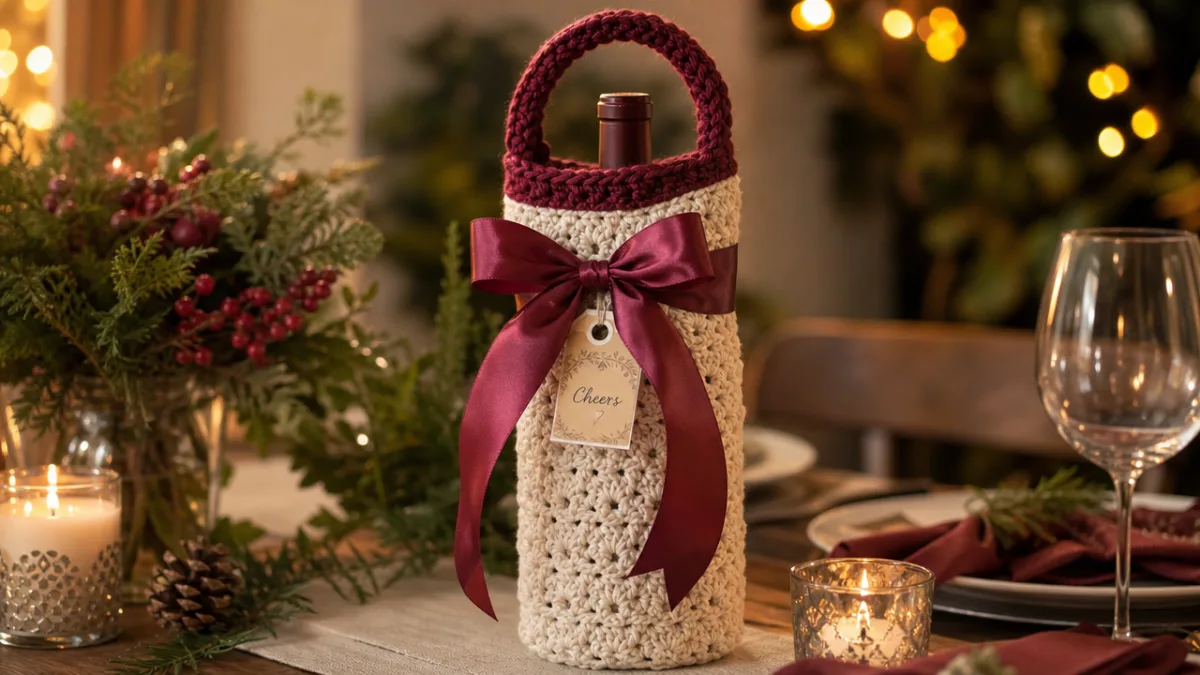 a beautifully wrapped crochet wine carrier with a ribbon bow sitting on…