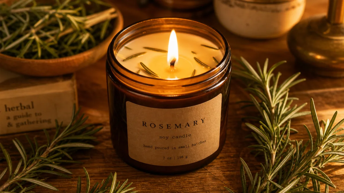 a close-up of a lit rosemary soy candle on a wooden desk…