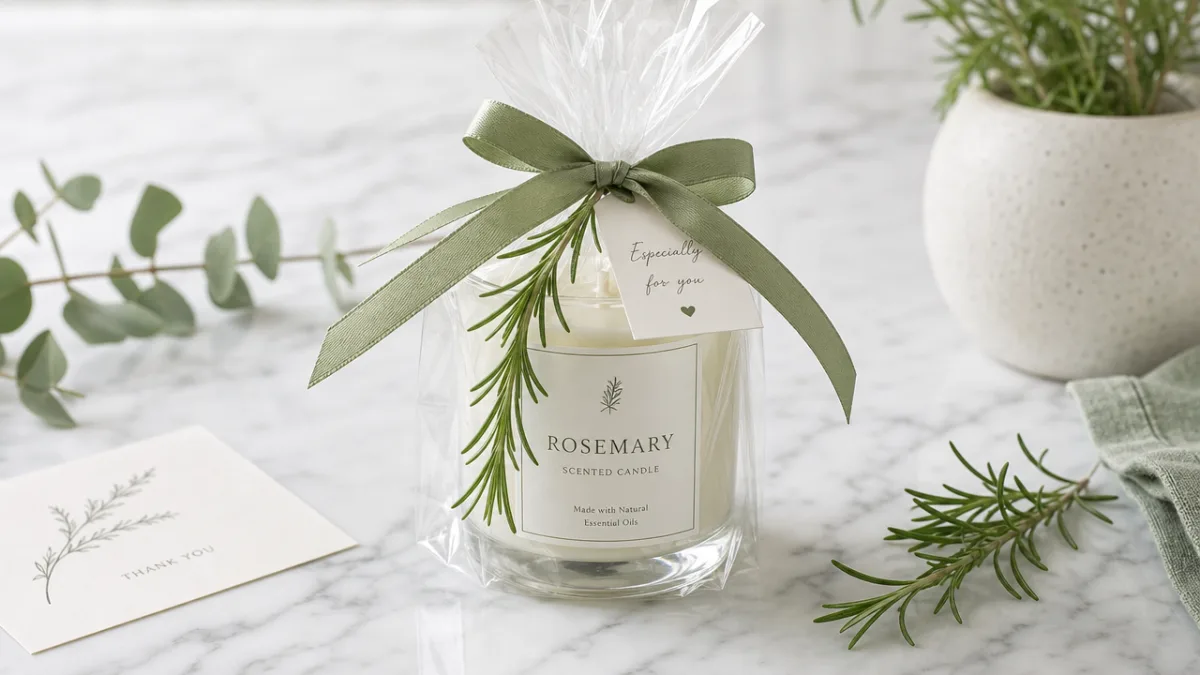 a neatly wrapped rosemary candle gift on a white marble surface with…