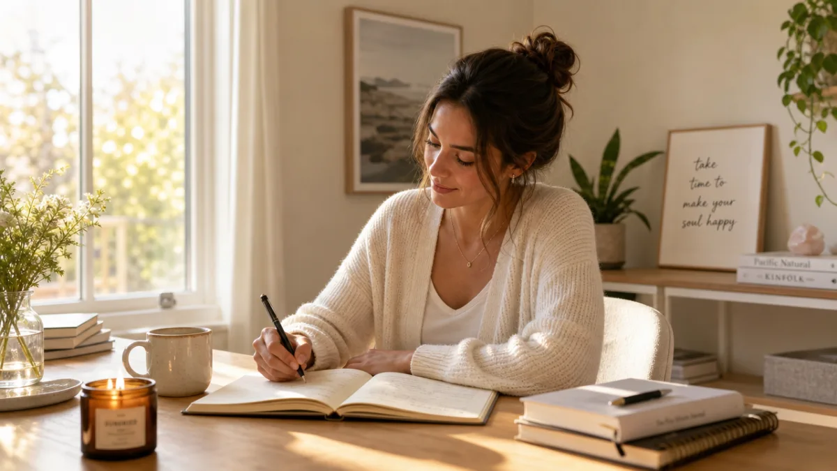 a person sitting at a bright home office desk with a lit…