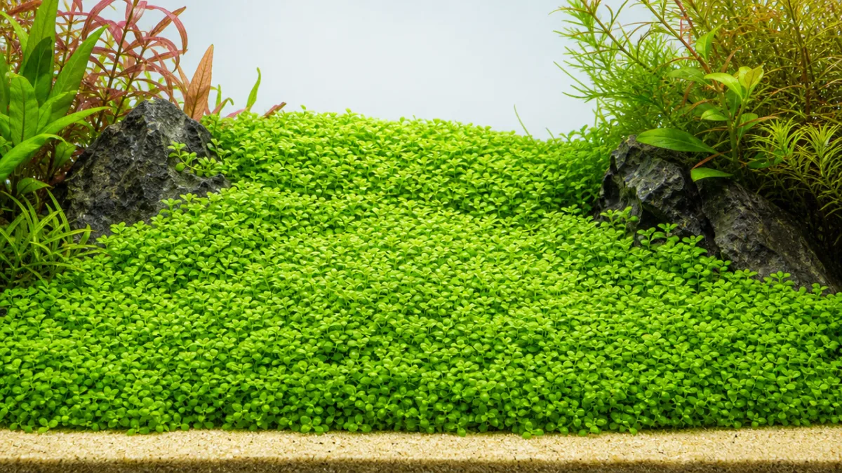a lush green aquarium carpet plant covering a sandy substrate, bright studio…