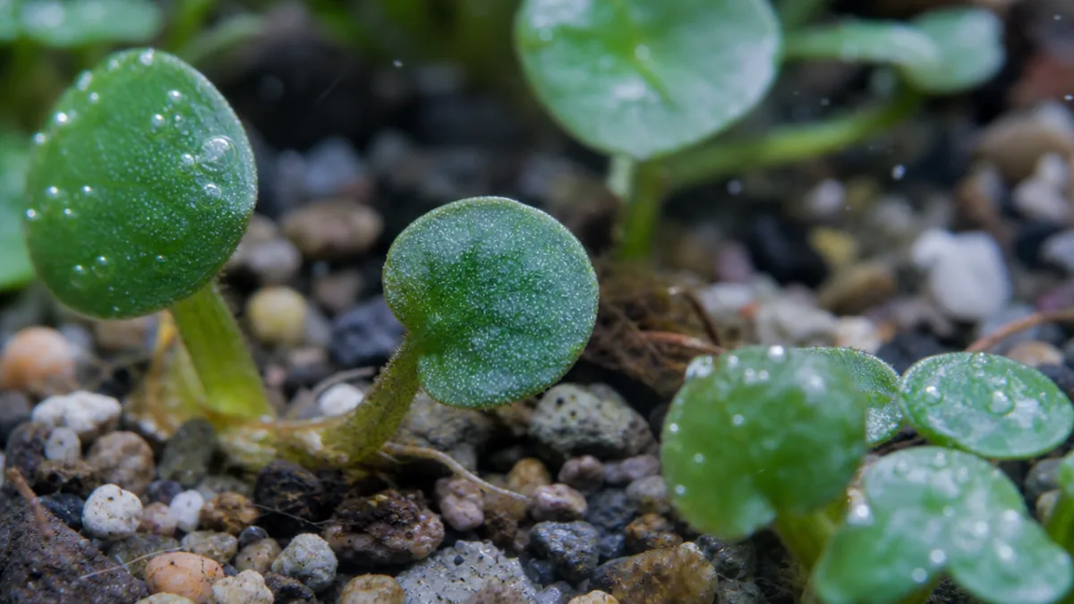 close-up of tiny aquatic plant leaves on fine gravel substrate, macro photography…