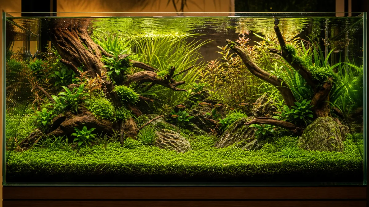 a fully planted aquascape aquarium with dense green foreground carpet and driftwood,…