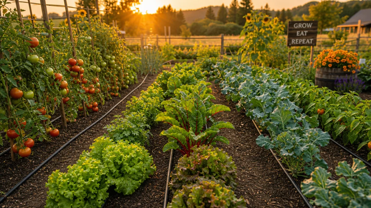 a thriving vegetable garden with drip tubing visible along plant rows, warm…