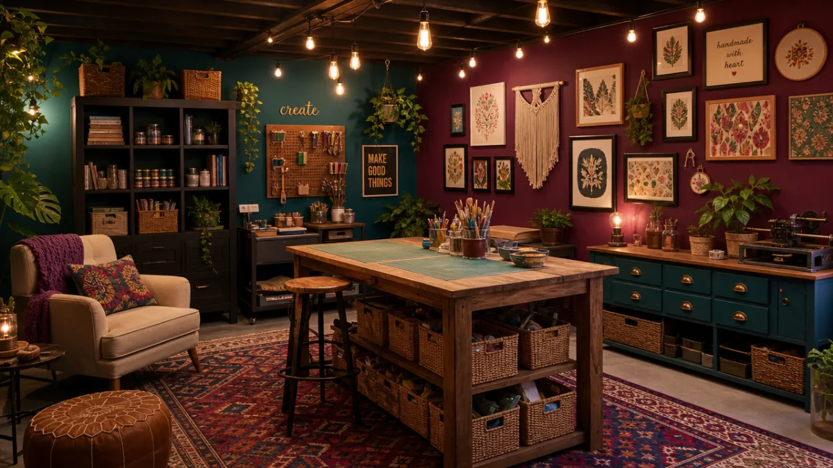 a cozy basement craft room with jewel-toned accent walls, warm Edison bulb…