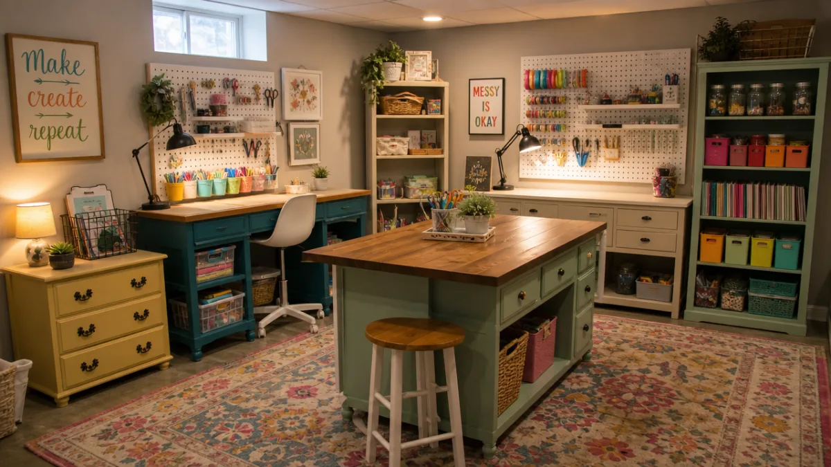 a budget-friendly basement craft room with painted thrift store furniture, DIY pegboards,…