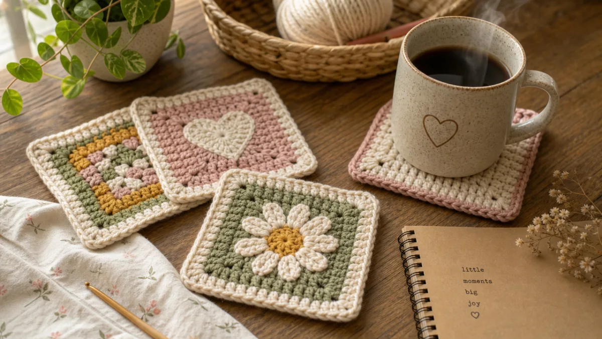 a cozy flat lay of crochet mug rugs beside a steaming coffee…
