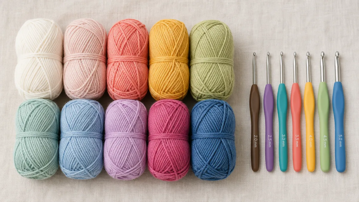 an array of colorful cotton yarn skeins arranged neatly beside crochet hooks…