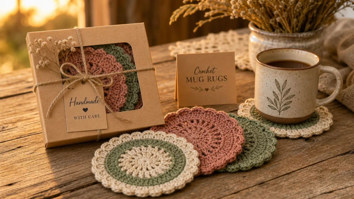 finished crocheted mug rugs displayed as a gift set with a ceramic…