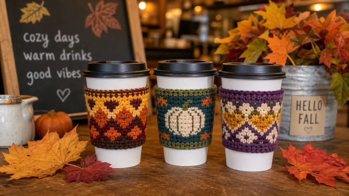 finished colorwork crochet cup cozies displayed on coffee cups beside autumn leaves,…