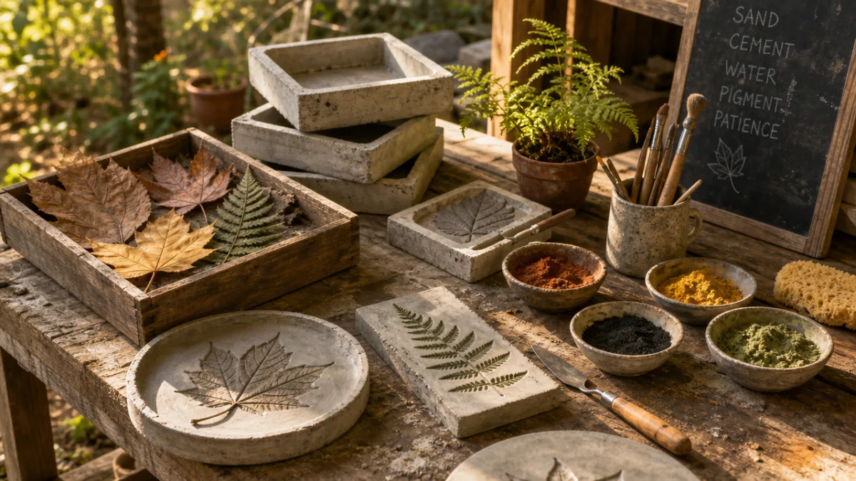 a rustic outdoor workspace with concrete molds, leaf impressions, and pigment powders…