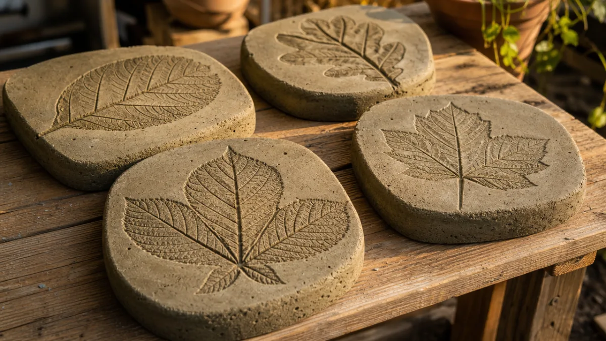 freshly demolded leaf-impression concrete stepping stones resting on a wooden bench, soft…