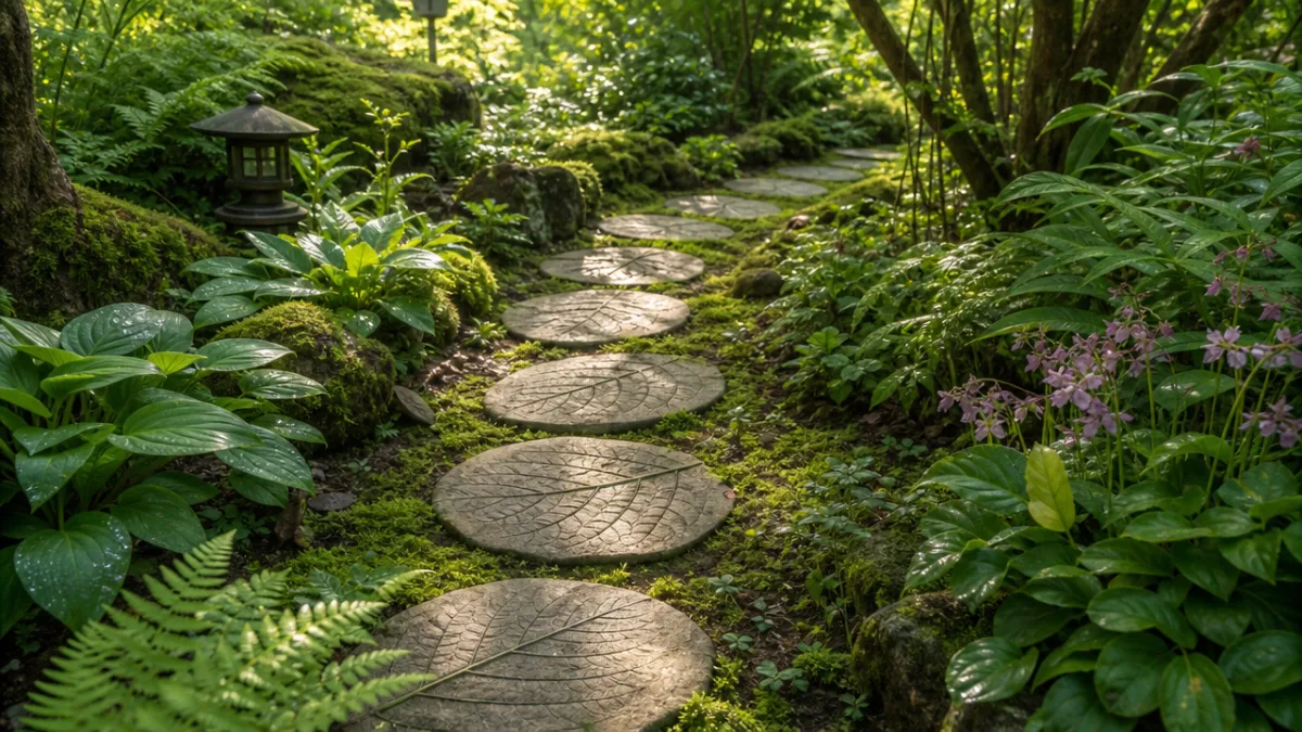 a winding garden pathway of leaf-impression stepping stones surrounded by lush green…