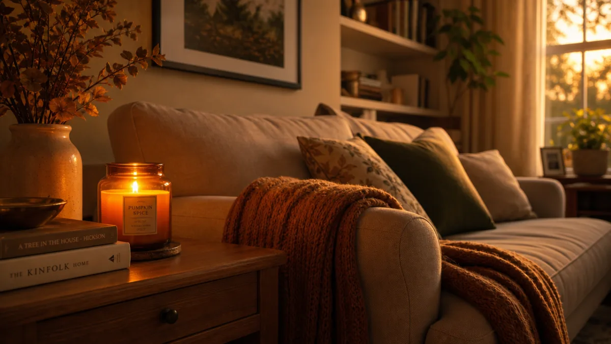 a cozy living room corner with a glowing amber candle on a…