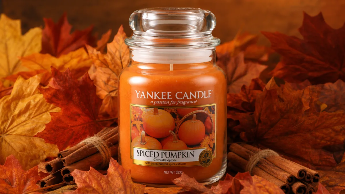 an orange and white Yankee Candle jar surrounded by autumn leaves and…