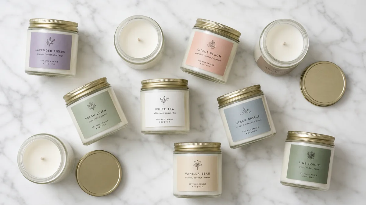 a flat lay of multiple small candle jars arranged on a white…