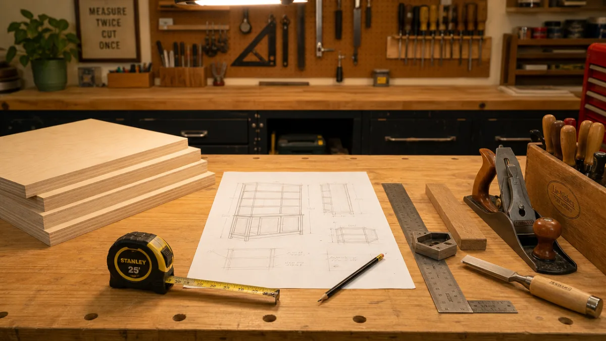 a well-lit workshop workbench with plywood sheets, measuring tape, pencil sketches, and…