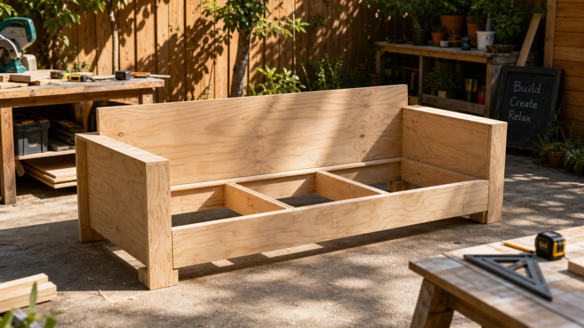 a partially assembled plywood outdoor couch frame in a sunny backyard workshop,…