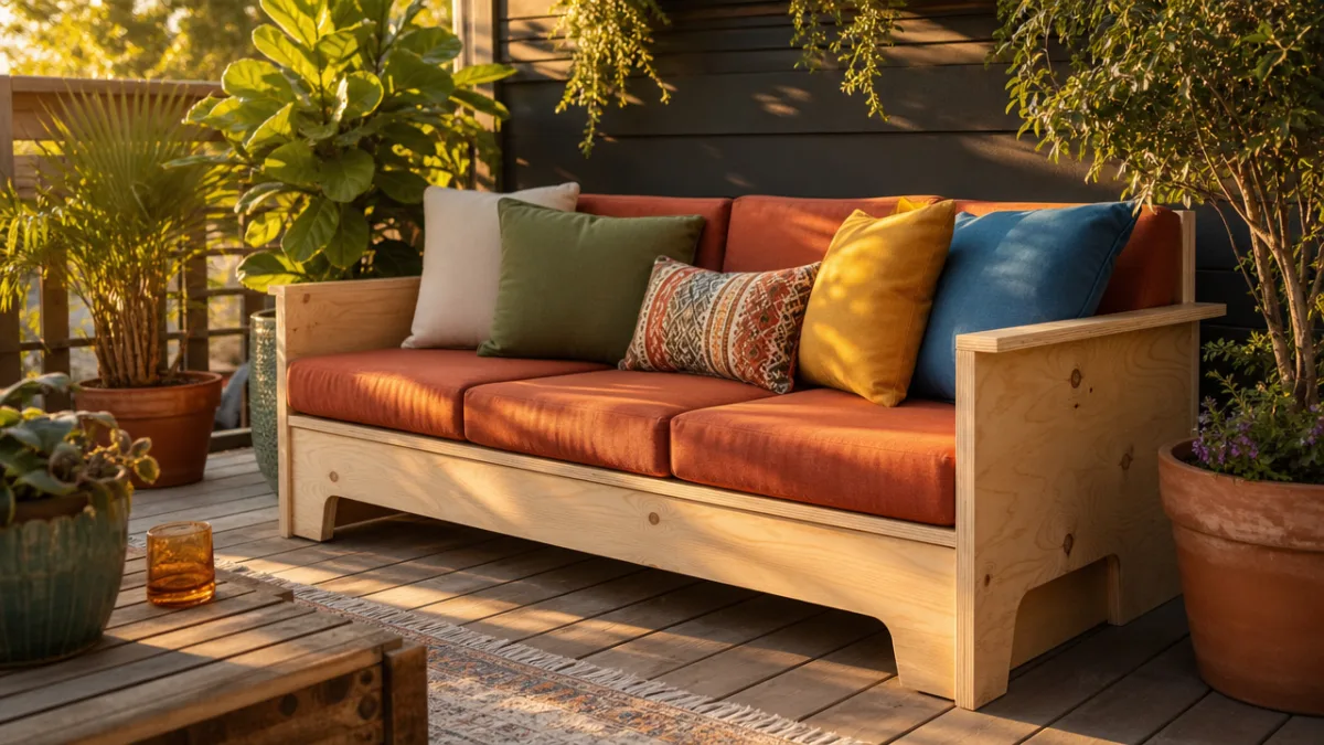 a finished plywood outdoor couch with colorful cushions on a wooden deck…