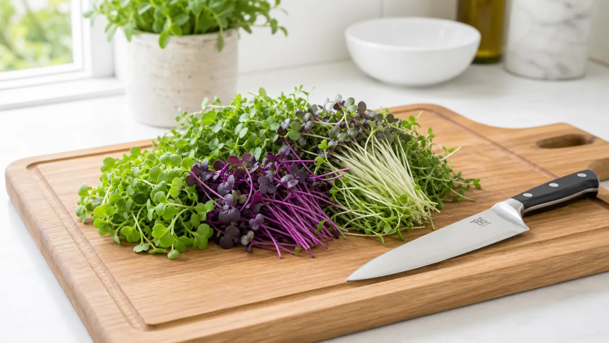 freshly harvested microgreens arranged on a clean wooden cutting board beside a…