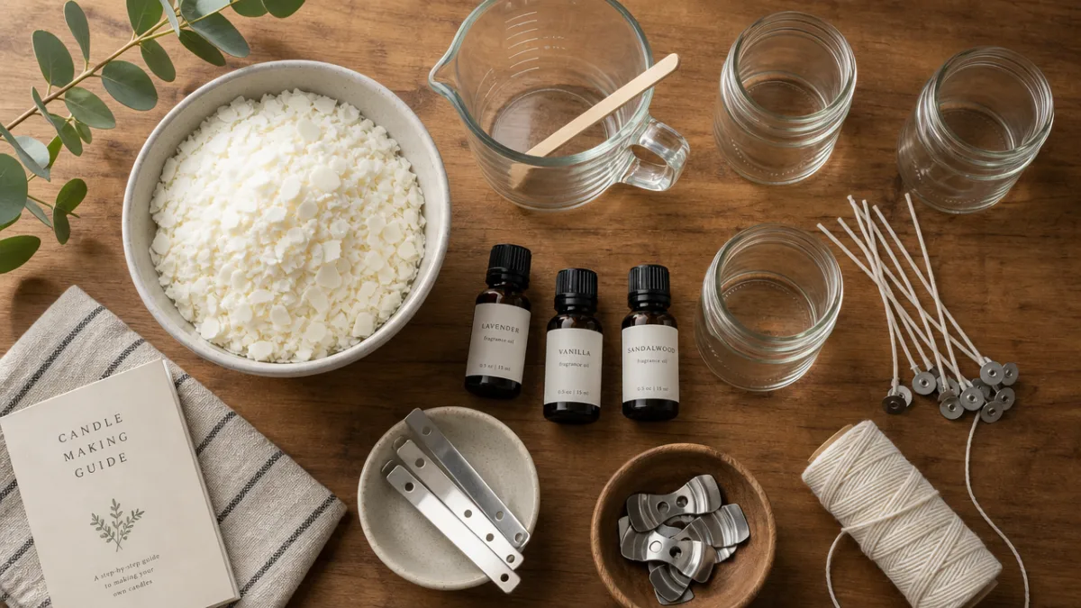 a flat lay of candle making supplies including soy wax, fragrance oils,…