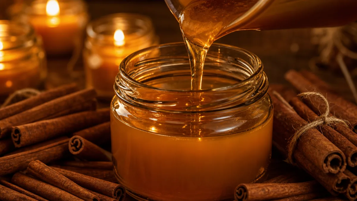 a close-up of warm amber candle wax being poured into a glass…
