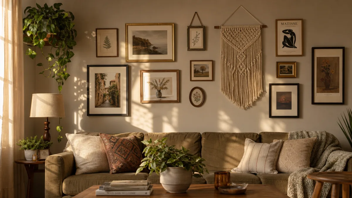 a cozy living room accent wall with a gallery of mismatched frames…
