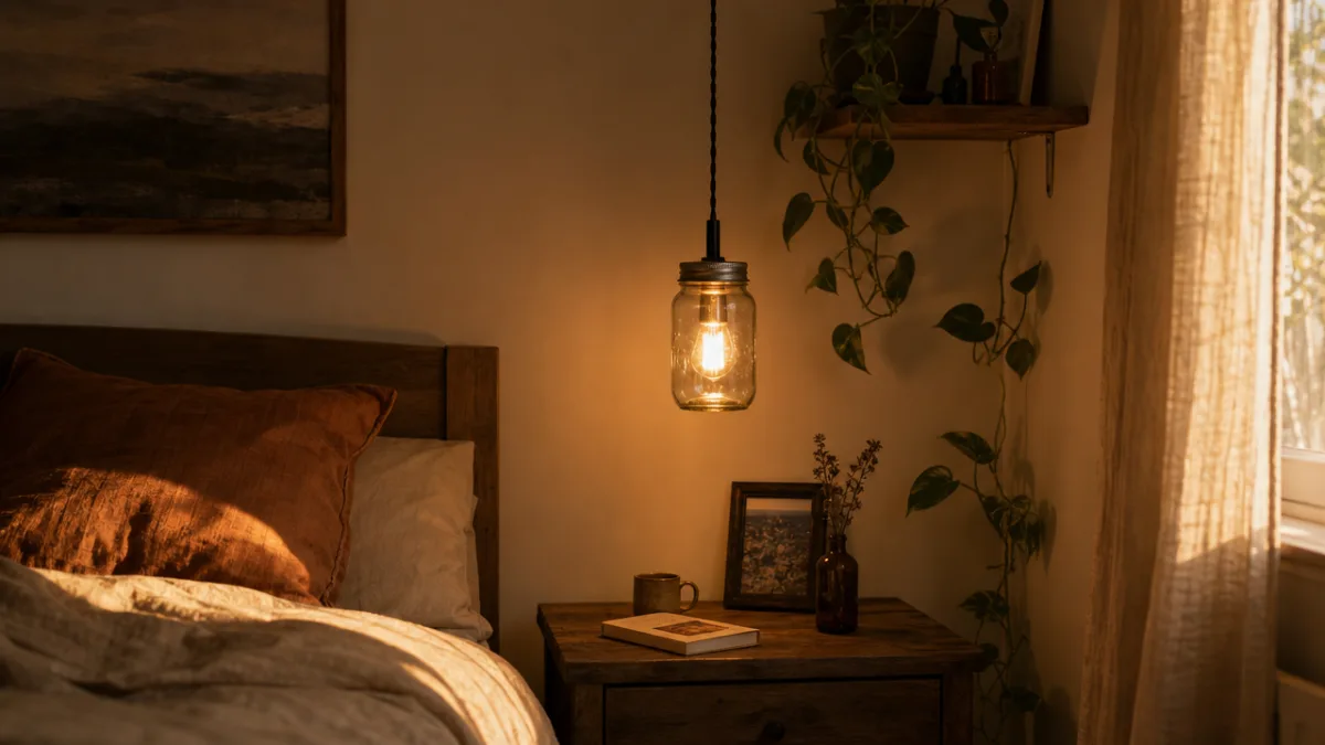 a warm dimly lit bedroom corner with a DIY pendant light above…