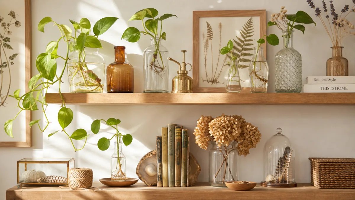 a bright sunlit shelf styled with propagated plants in glass vessels, dried…